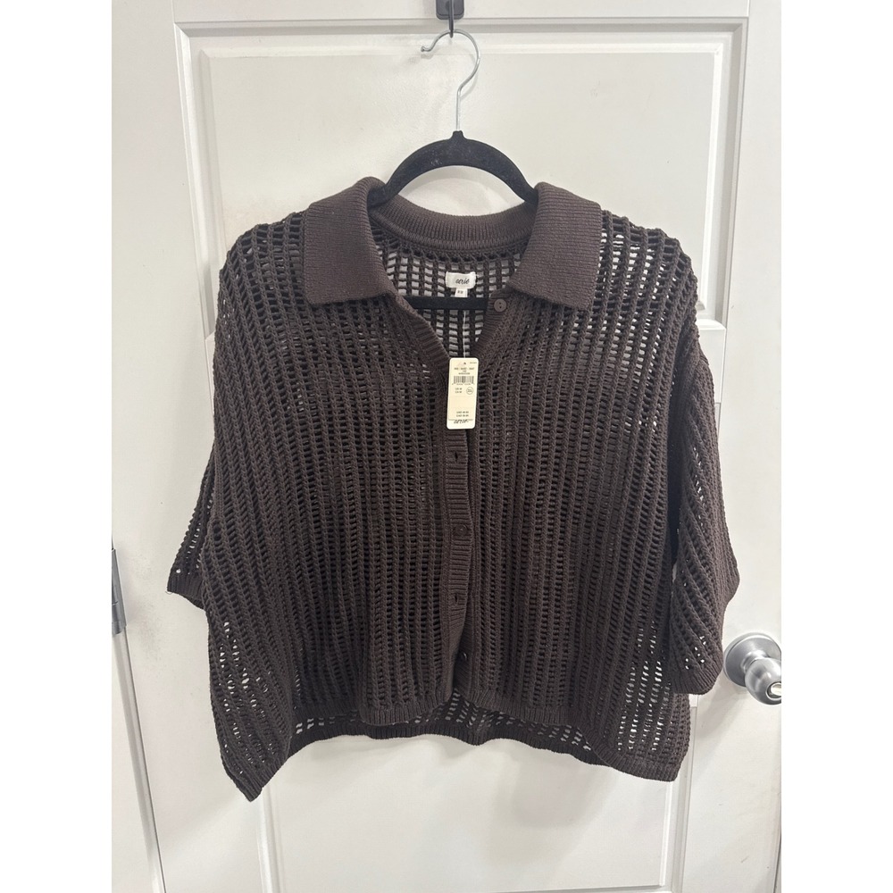 Aerie Poolside Crochet Cardigan Brown Short Sleeve Button Up Knit Top Medium NWT